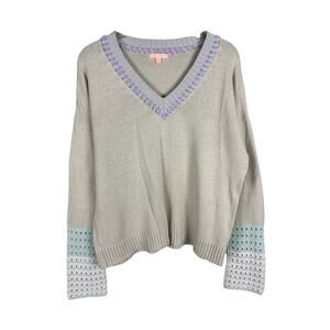 Lisa Frank Long Sleeve V Neck Crochet Pastel Trim Casual Preppy Sweater M